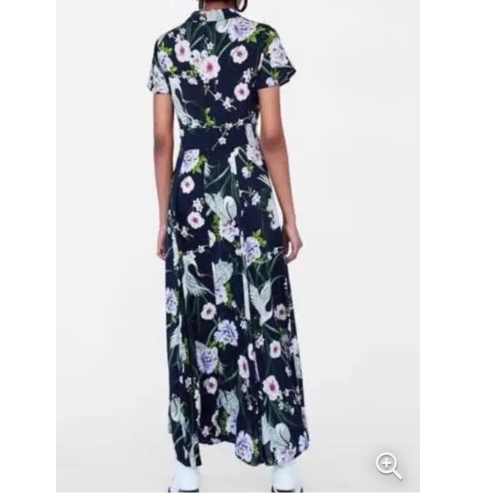 ZARA Navy Crane Print Button-down Maxi Dress Sz S New Floral Print - Picture 4 of 6